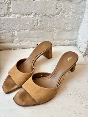 ZARA Tan Suede Open-Toe Block Heel Mules